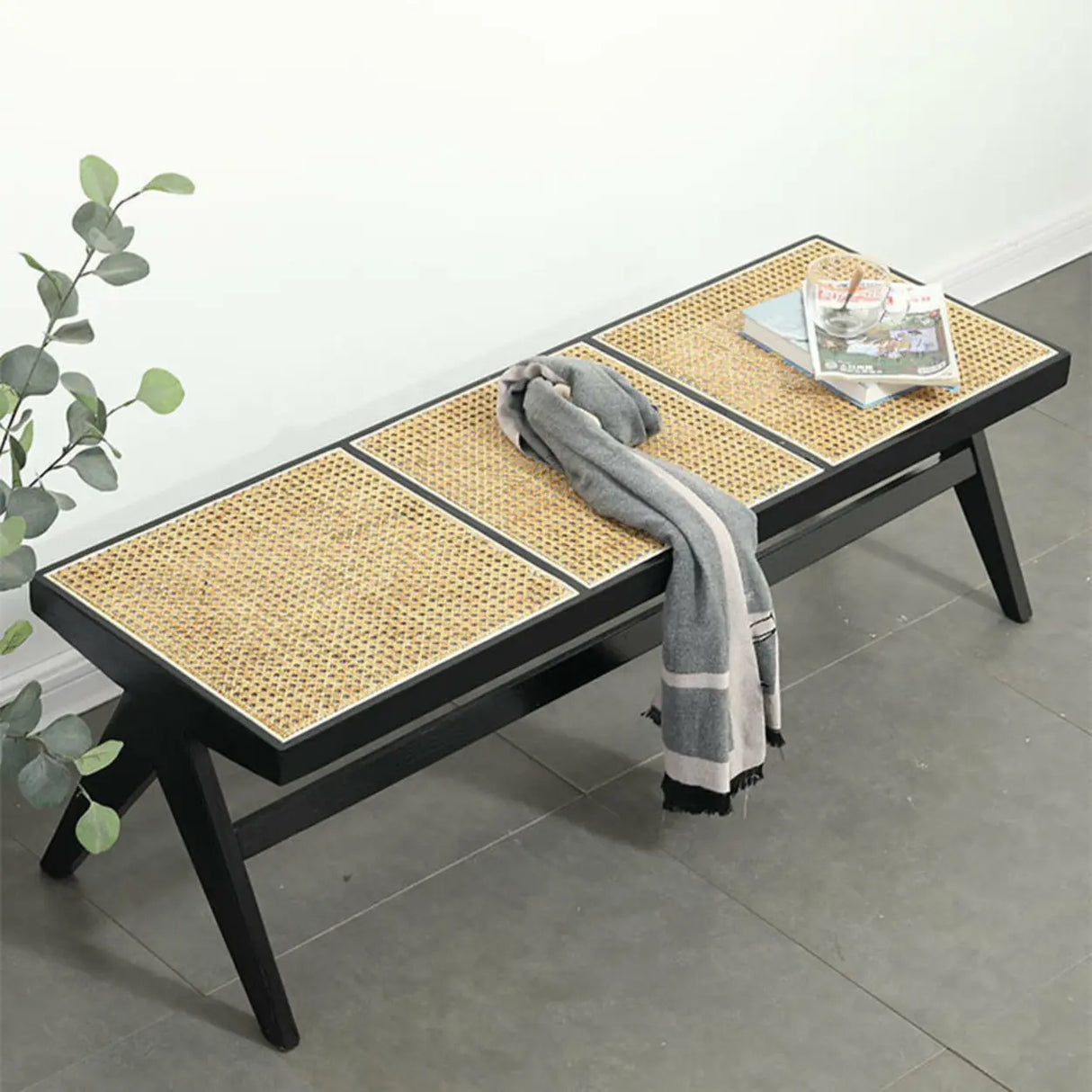 Modern Wooden Bench & Stool Set with Woven Rattan Seat Image - 12