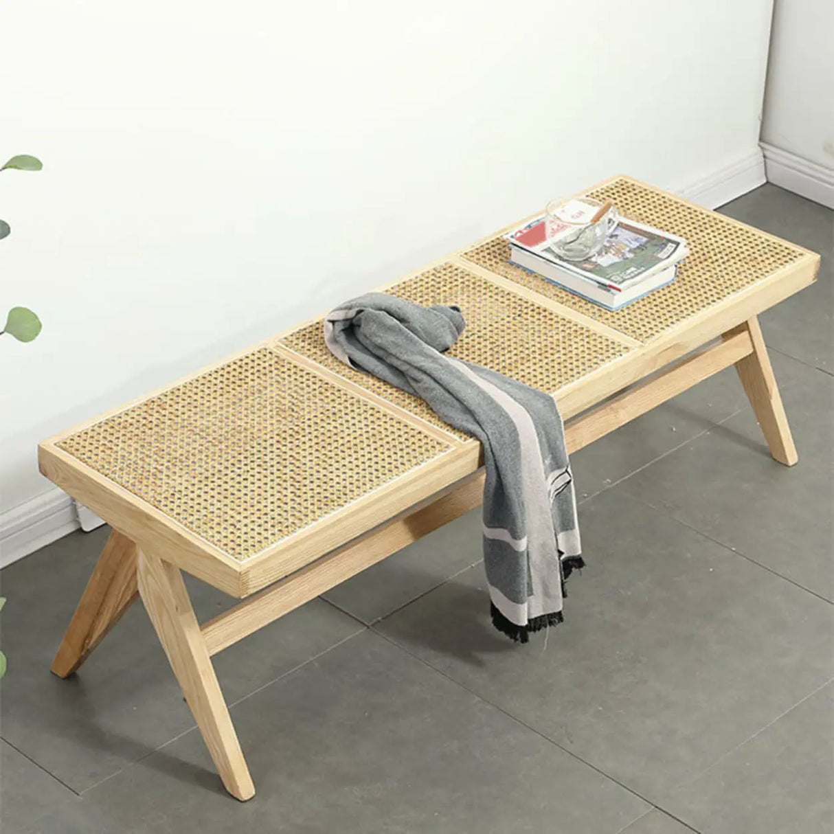 Modern Wooden Bench & Stool Set with Woven Rattan Seat Image - 13