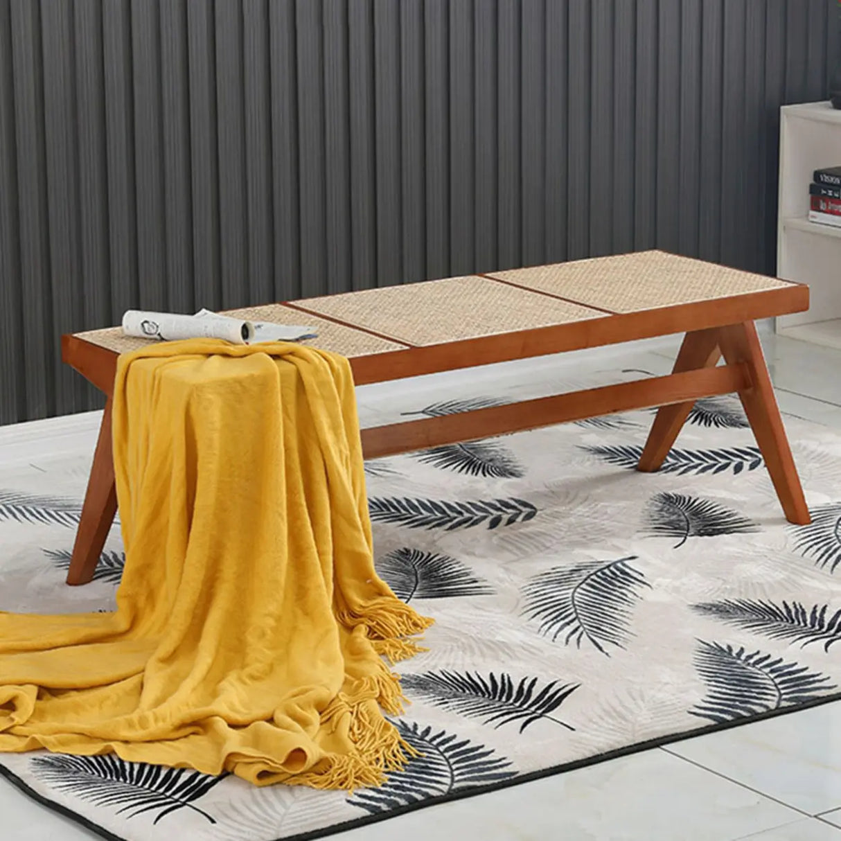 Modern Wooden Bench & Stool Set with Woven Rattan Seat Image - 2