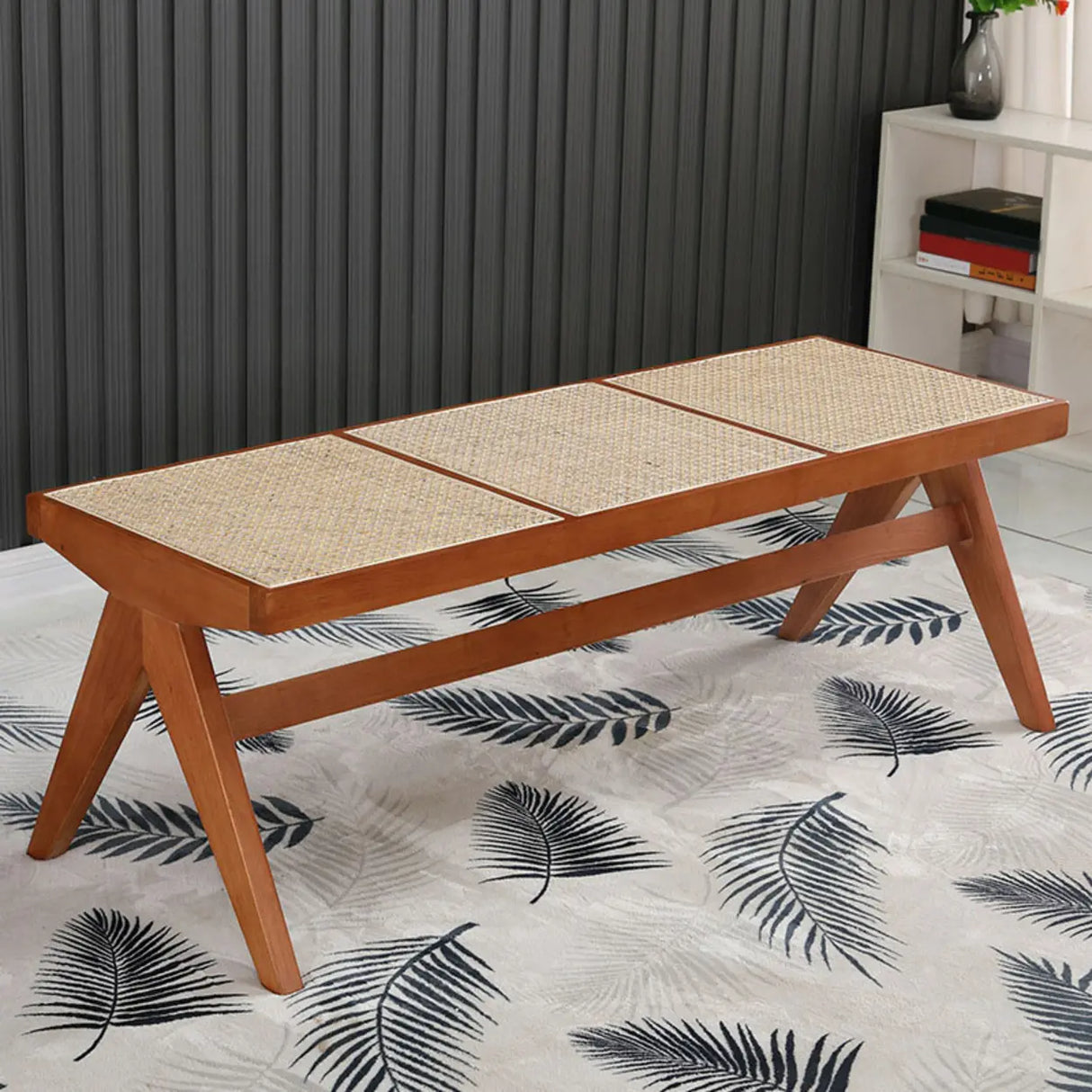 Modern Wooden Bench & Stool Set with Woven Rattan Seat Image - 3