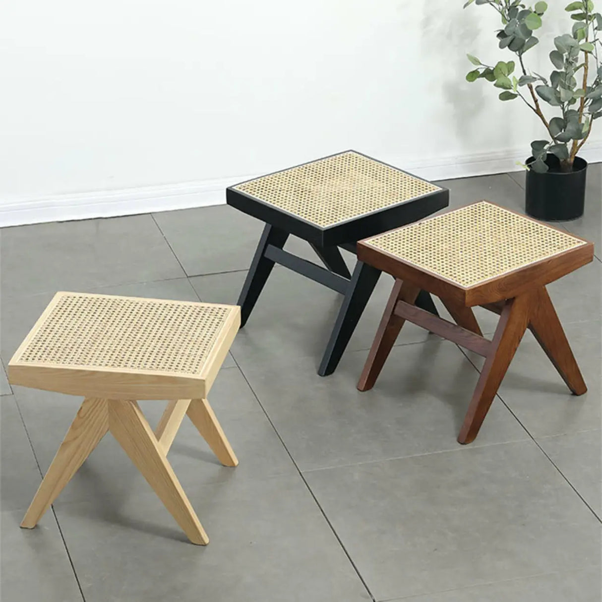 Modern Wooden Bench & Stool Set with Woven Rattan Seat Image - 4