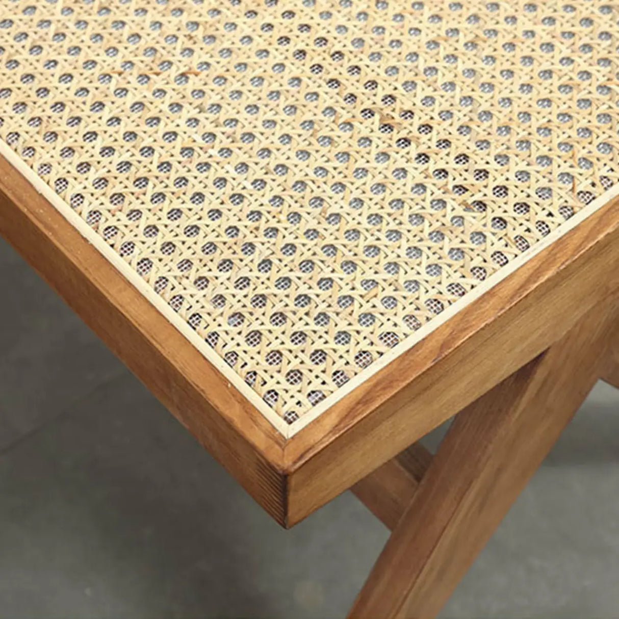 Modern Wooden Bench & Stool Set with Woven Rattan Seat Image - 6