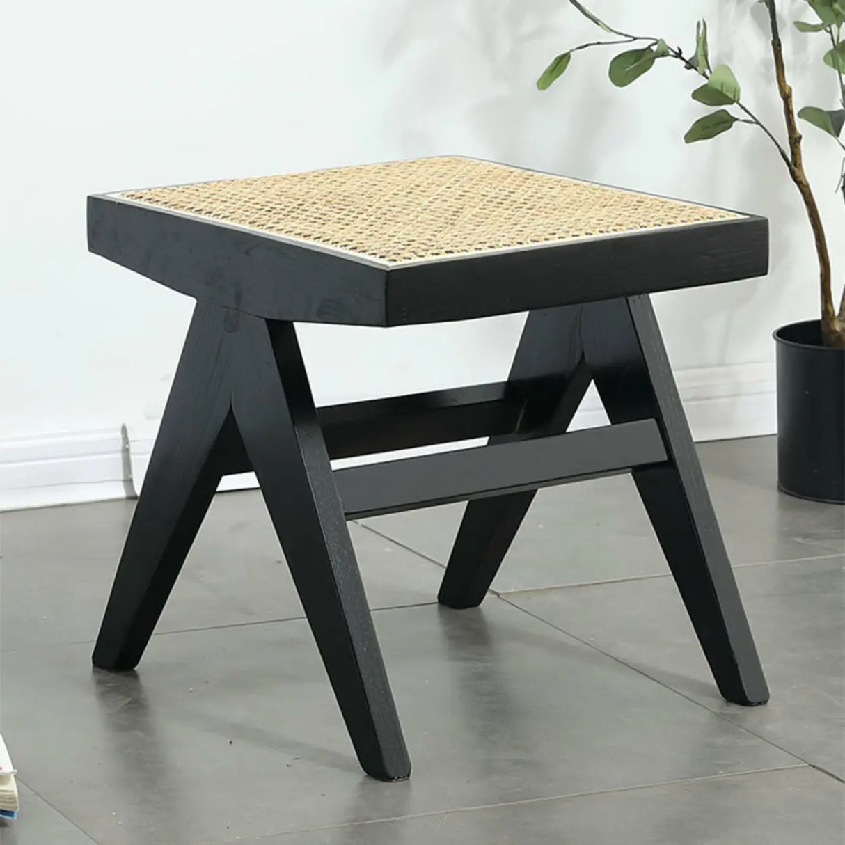 Modern Wooden Bench & Stool Set with Woven Rattan Seat Image - 8