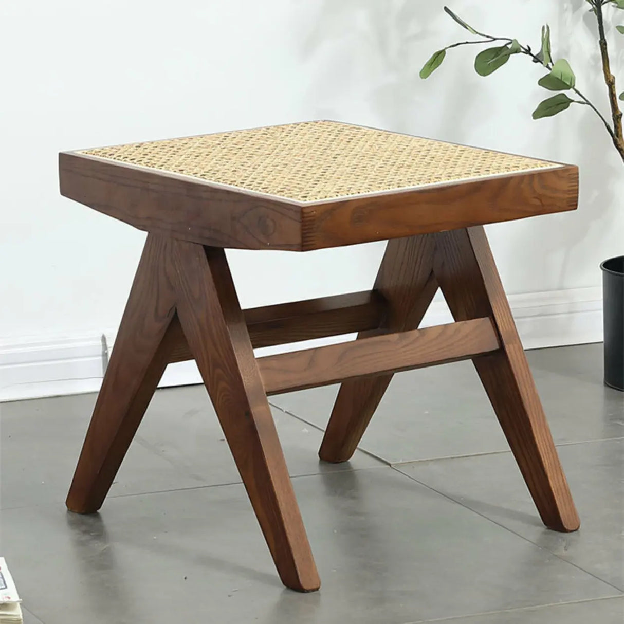Modern Wooden Bench & Stool Set with Woven Rattan Seat Image - 9