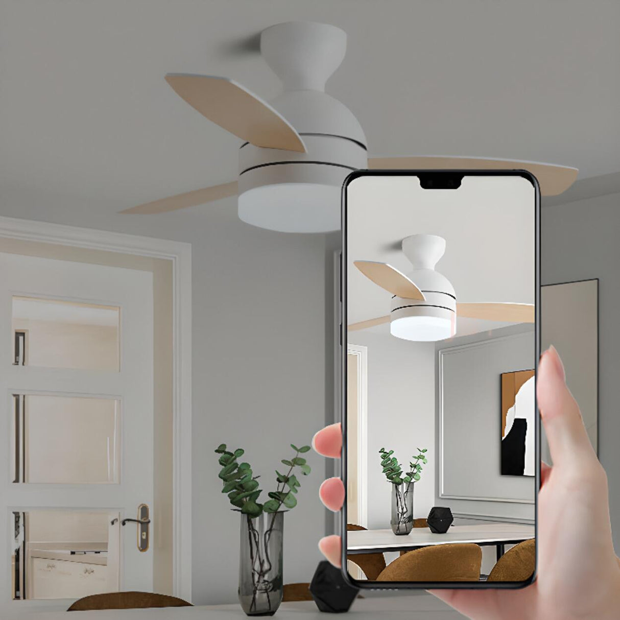 Modern Wooden Blades White Ceiling Fan with LED Light Image - 12