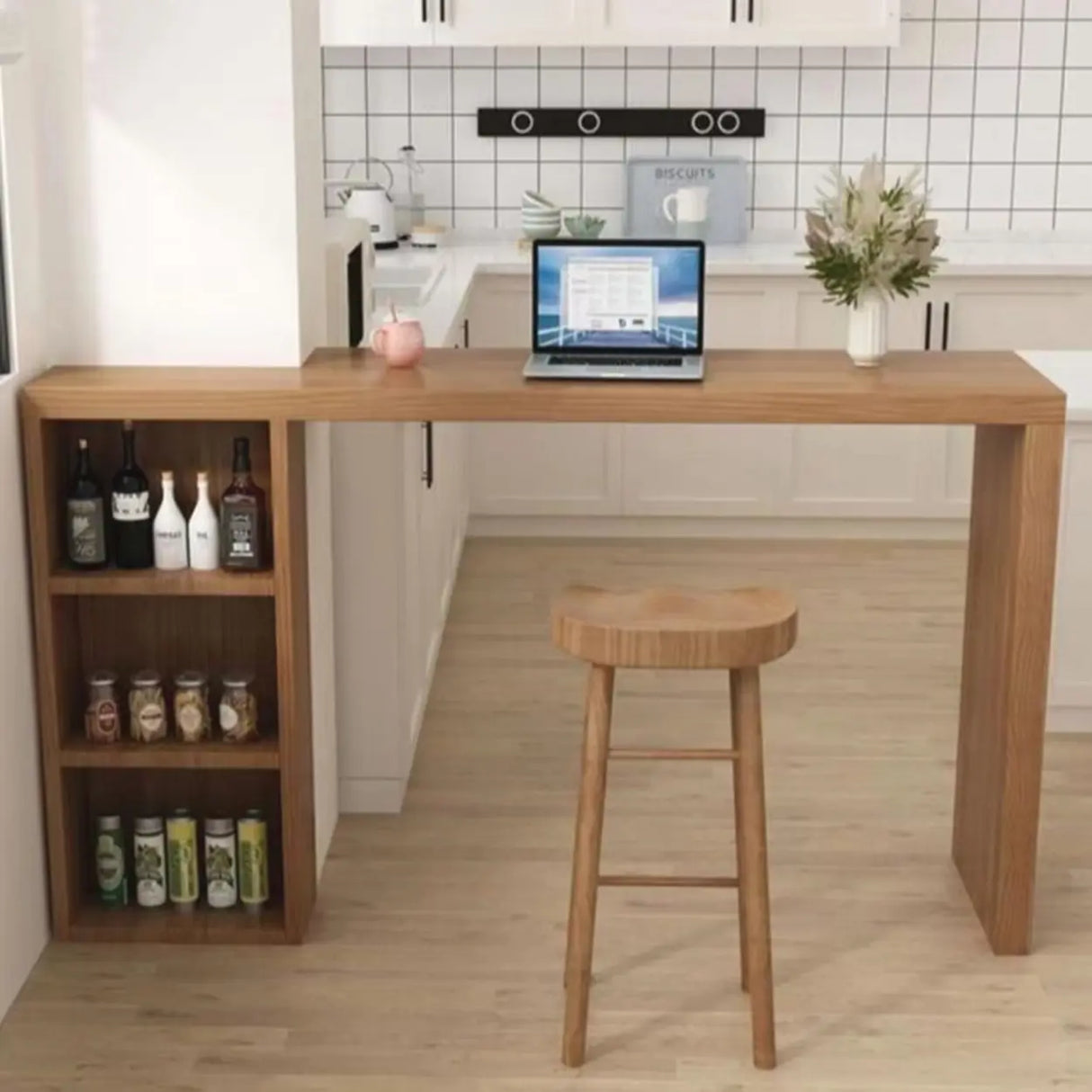 Modern Wooden Breakfast Bar Table with Storage Shelves Image - 1