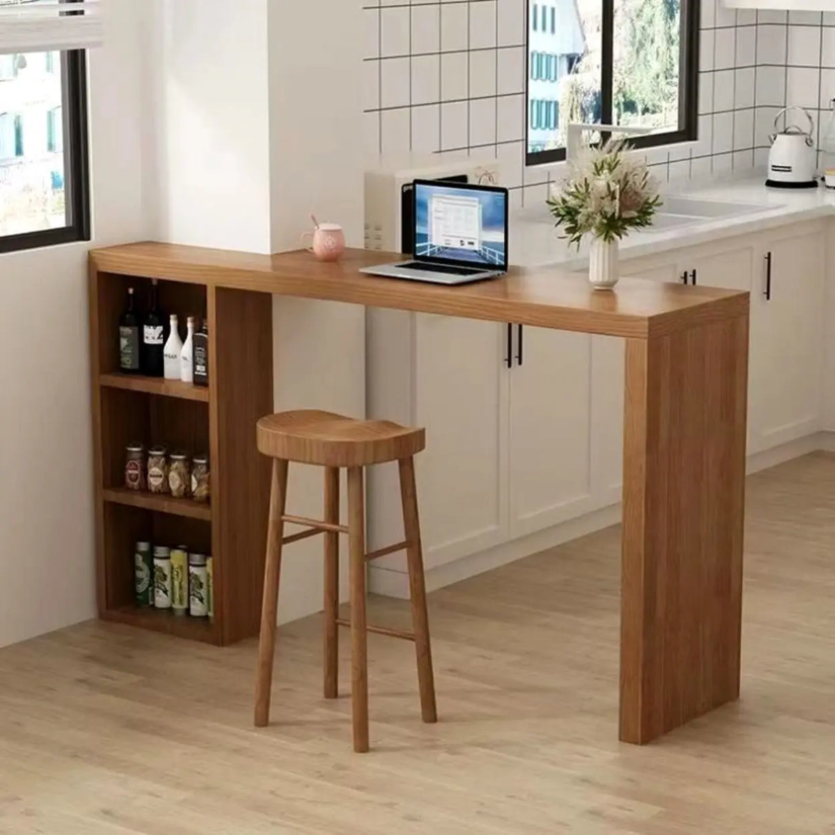 Modern Wooden Breakfast Bar Table with Storage Shelves Image - 3
