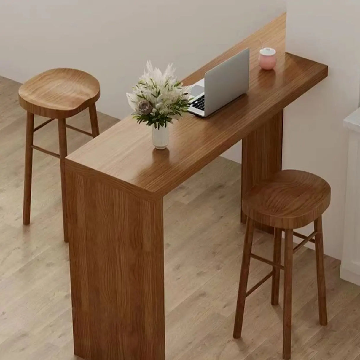 Modern Wooden Breakfast Bar Table with Storage Shelves Image - 4