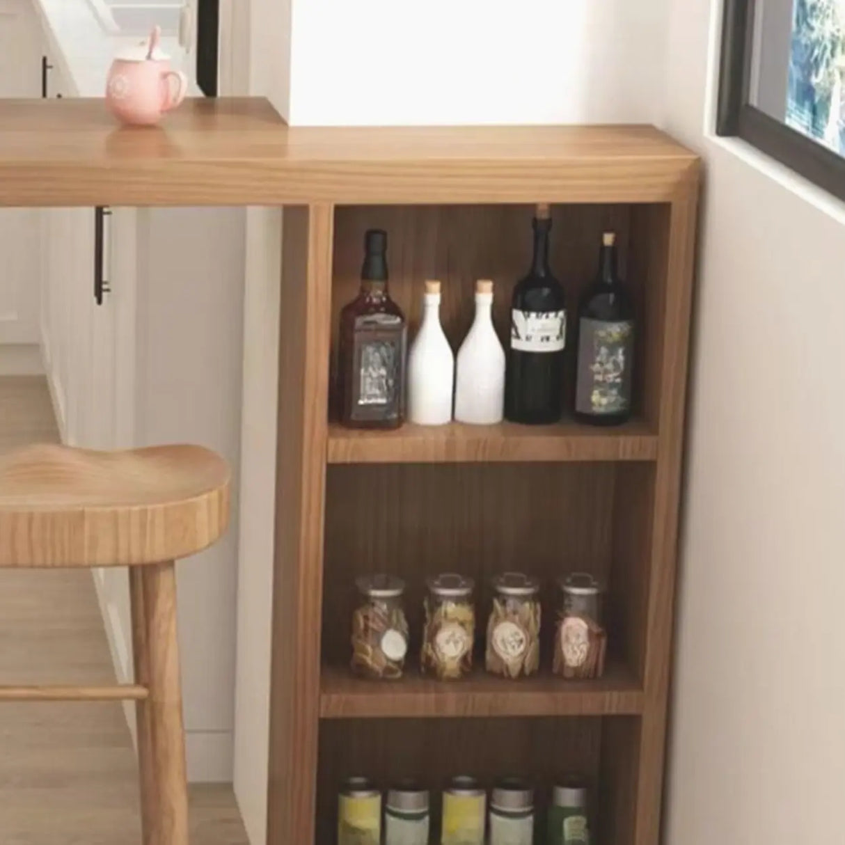 Modern Wooden Breakfast Bar Table with Storage Shelves Image - 6