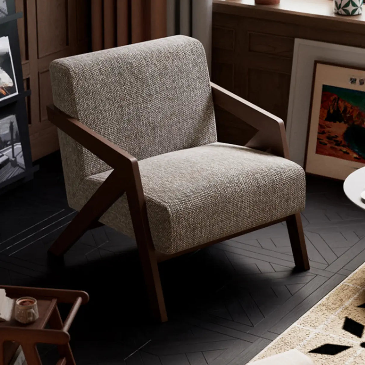 Modern Wooden Frame Upholstered Brown Accent Chair With Arms Image - 1