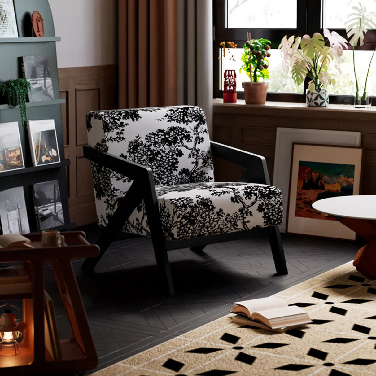 Modern Wooden Frame Upholstered Brown Accent Chair With Arms Image - 11