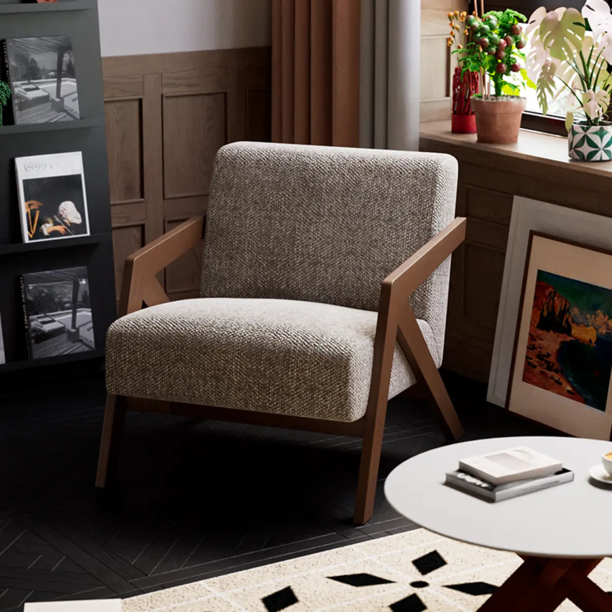 Modern Wooden Frame Upholstered Brown Accent Chair With Arms Image - 2