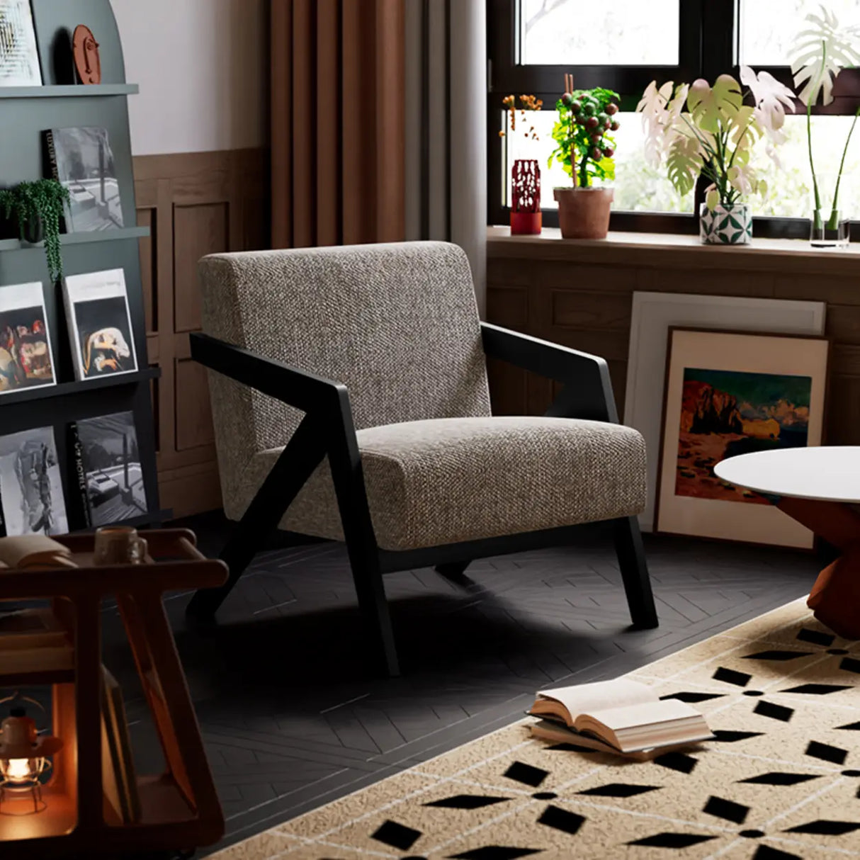 Modern Wooden Frame Upholstered Brown Accent Chair With Arms Image - 3