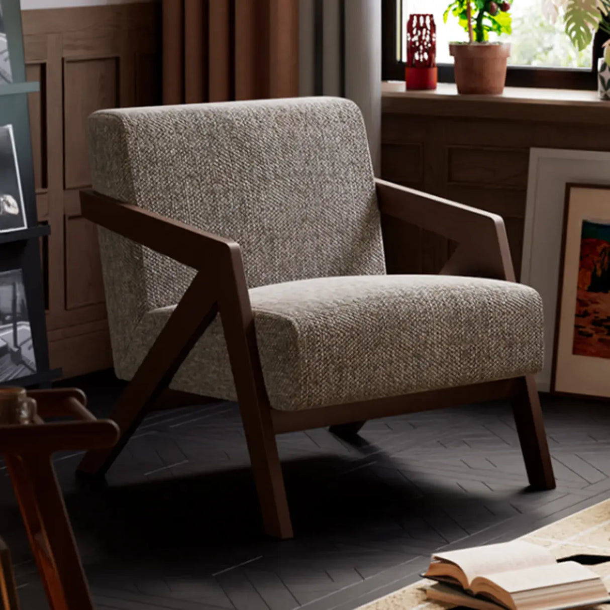 Modern Wooden Frame Upholstered Brown Accent Chair With Arms Image - 4