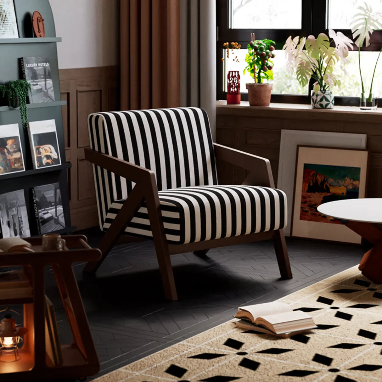 Modern Wooden Frame Upholstered Brown Accent Chair With Arms Image - 5