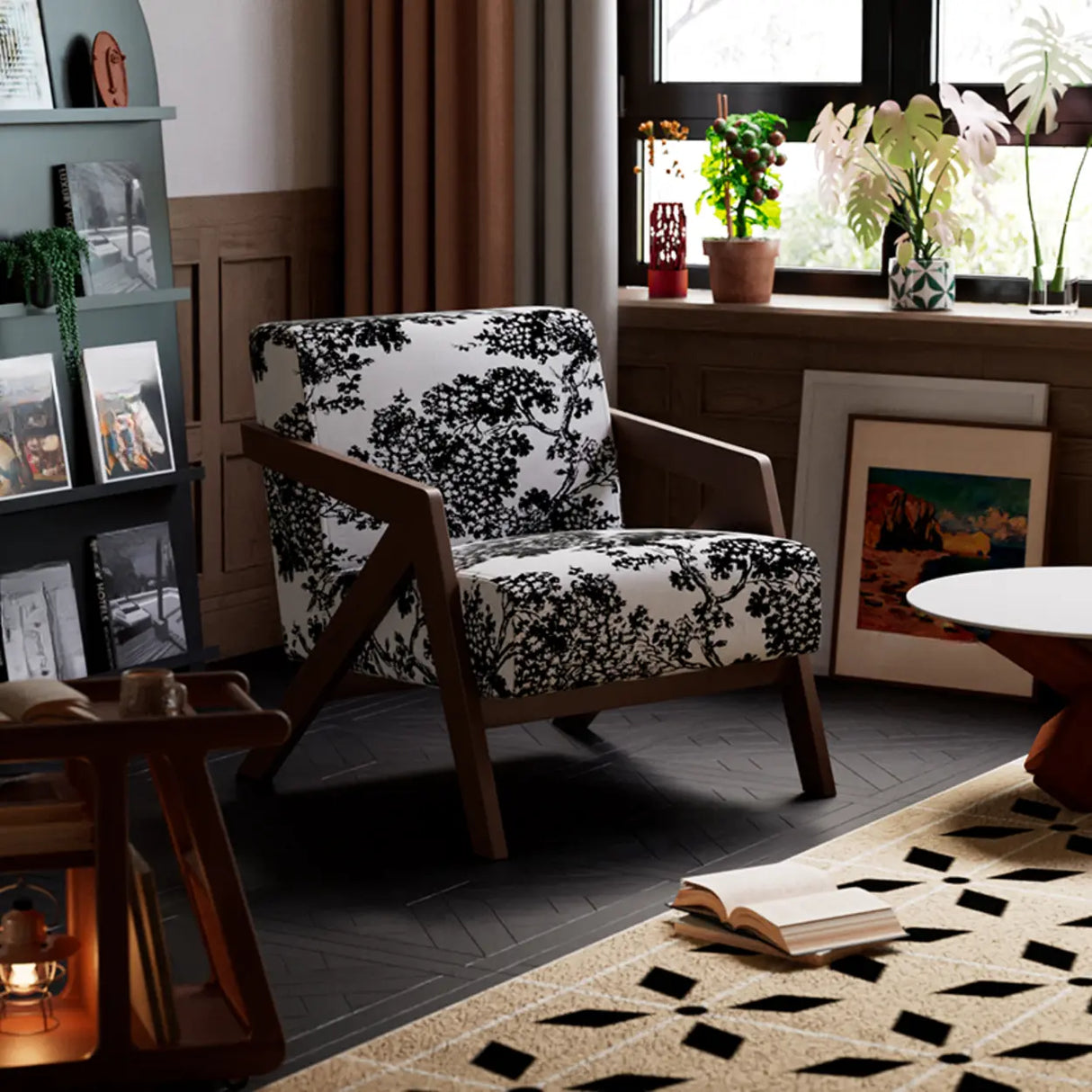 Modern Wooden Frame Upholstered Brown Accent Chair With Arms Image - 7