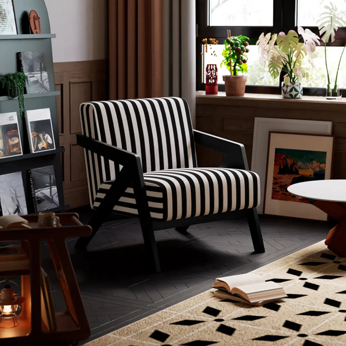 Modern Wooden Frame Upholstered Brown Accent Chair With Arms Image - 9