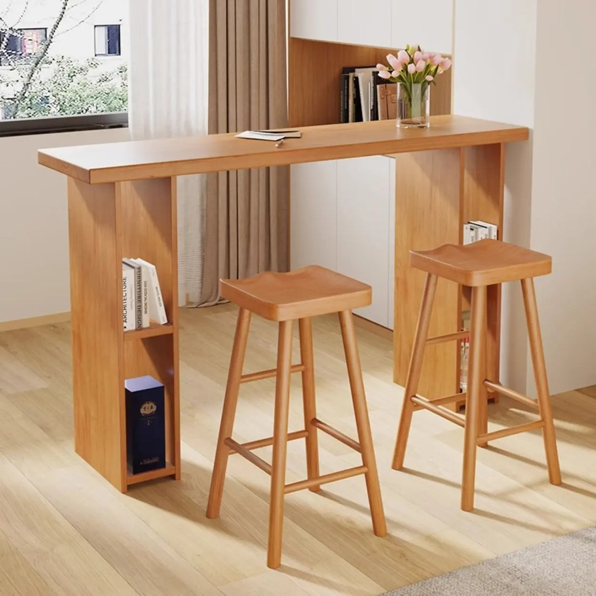 Modern Wooden Home Bar Table with Storage Shelves Image - 1