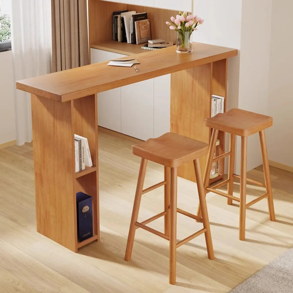 Modern Wooden Home Bar Table with Storage Shelves Image - 3