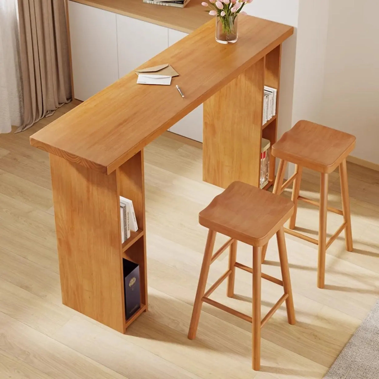 Modern Wooden Home Bar Table with Storage Shelves Image - 4