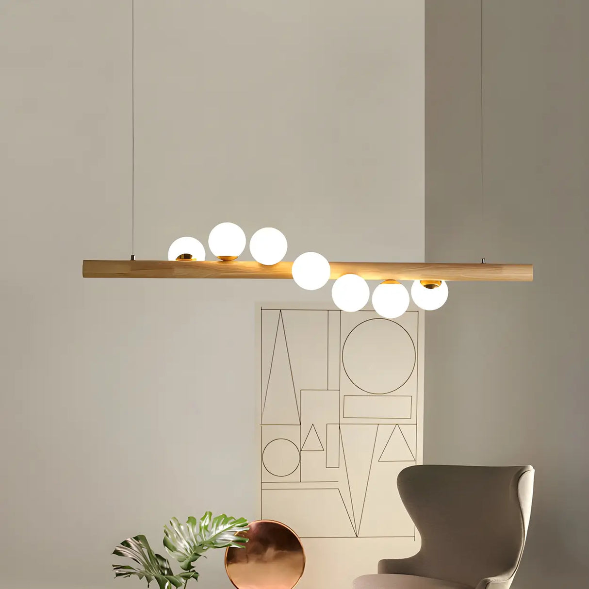 Modern Wooden Linear Pendant Light with Globe Bulbs 50W Image - 1