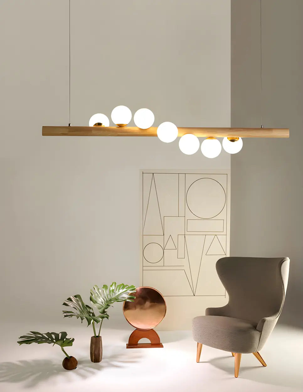 Modern Wooden Linear Pendant Light with Globe Bulbs 50W Image - 13