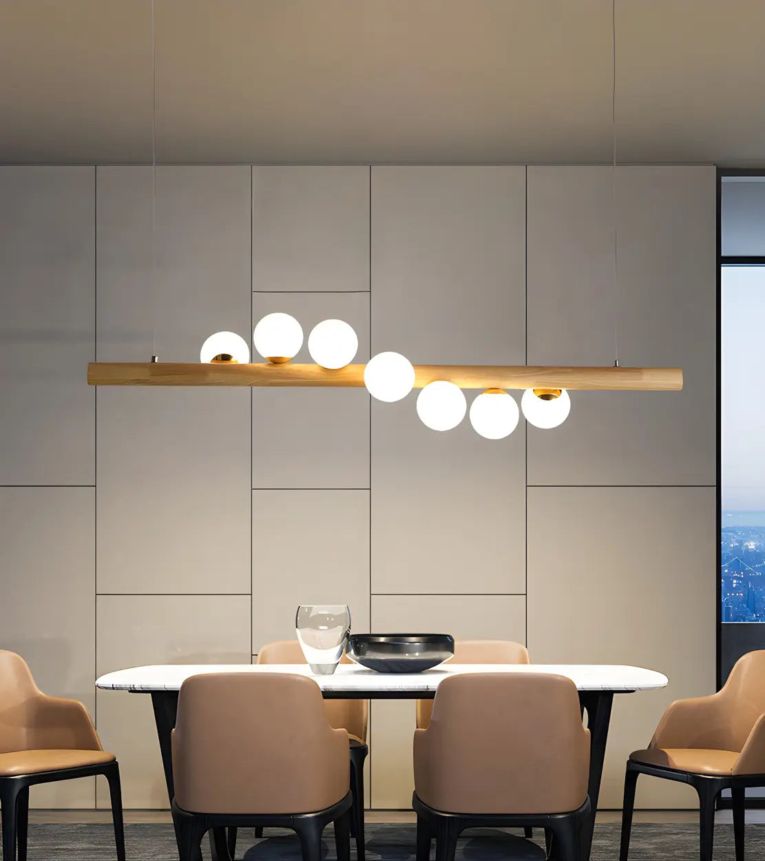 Modern Wooden Linear Pendant Light with Globe Bulbs 50W Image - 14