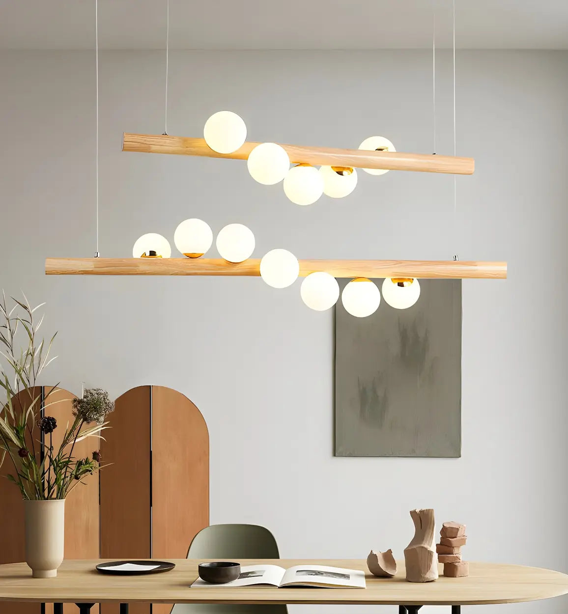 Modern Wooden Linear Pendant Light with Globe Bulbs 50W Image - 15