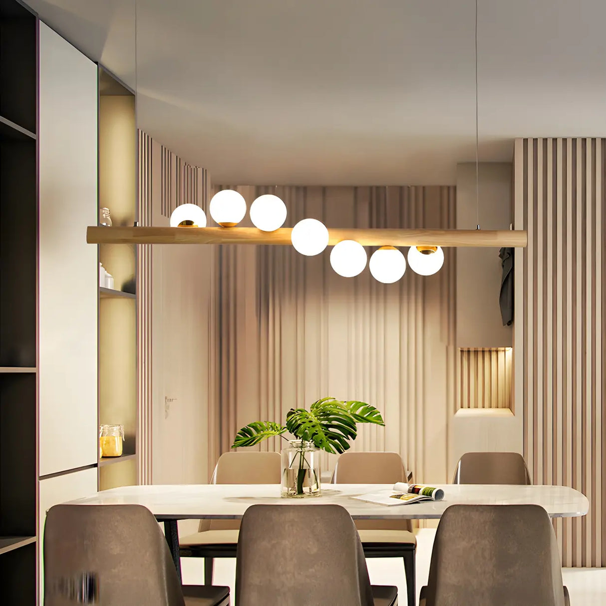Modern Wooden Linear Pendant Light with Globe Bulbs 50W Image - 4