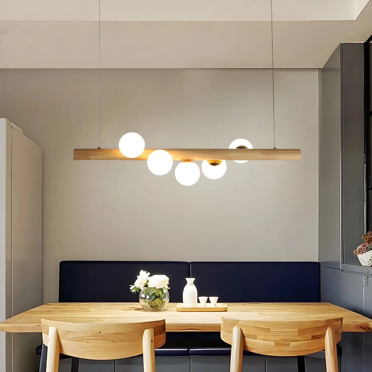Modern Wooden Linear Pendant Light with Globe Bulbs 50W Image - 5