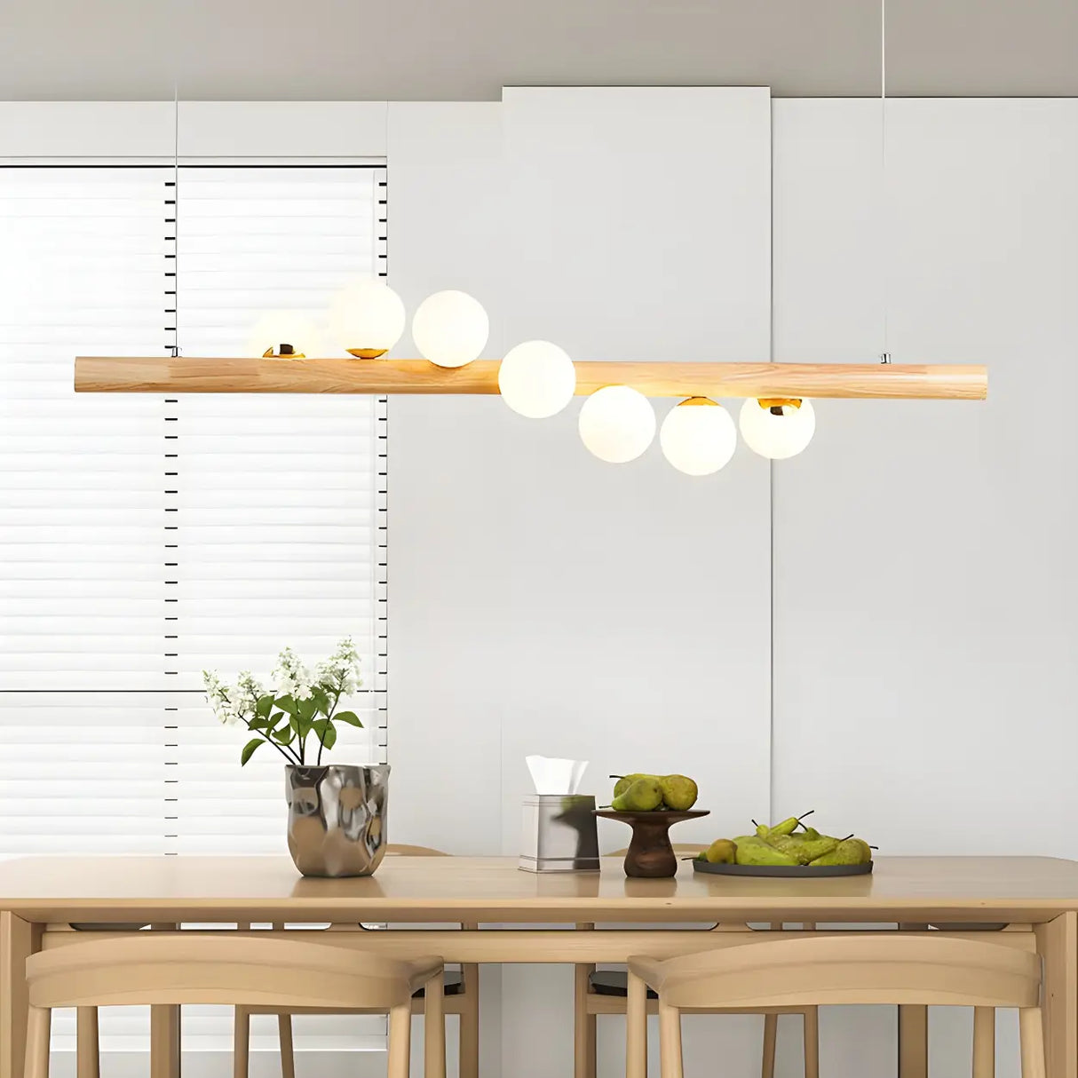 Modern Wooden Linear Pendant Light with Globe Bulbs 50W Image - 6