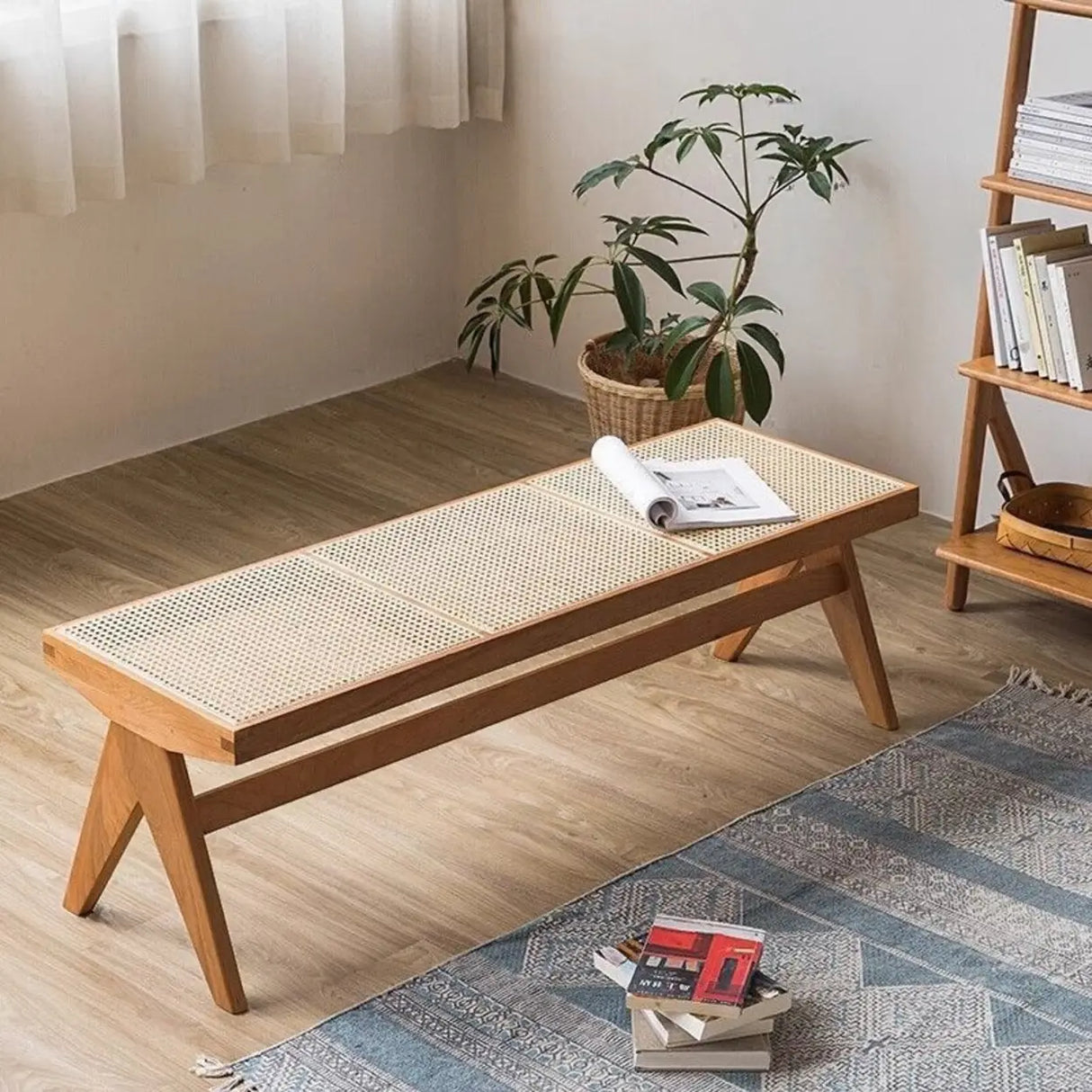 Modern Wooden Woven Bench for Home Entryway or Living Room Image - 1