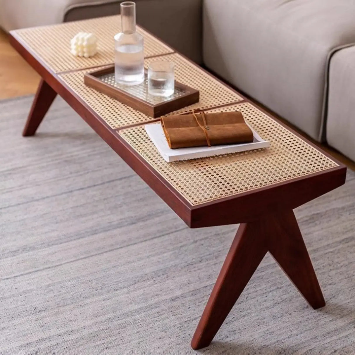 Modern Wooden Woven Bench for Home Entryway or Living Room Image - 2