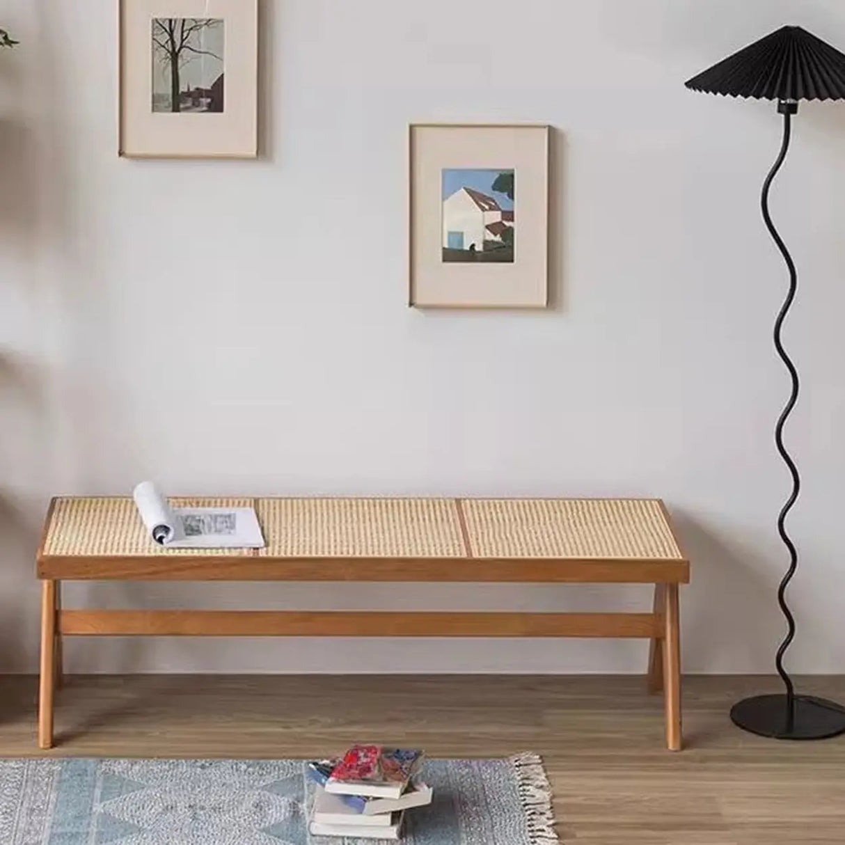 Modern Wooden Woven Bench for Home Entryway or Living Room Image - 3