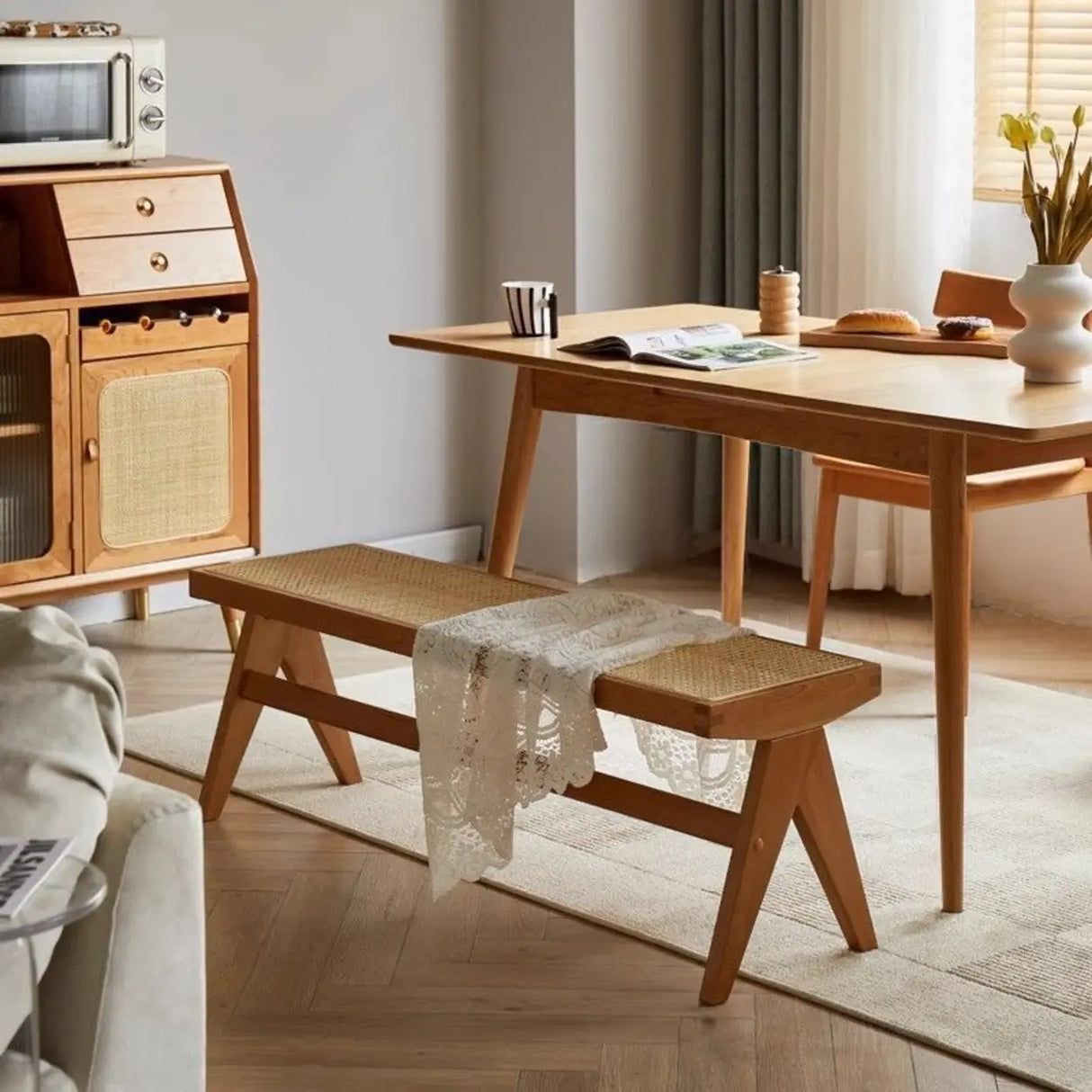 Modern Wooden Woven Bench for Home Entryway or Living Room Image - 4