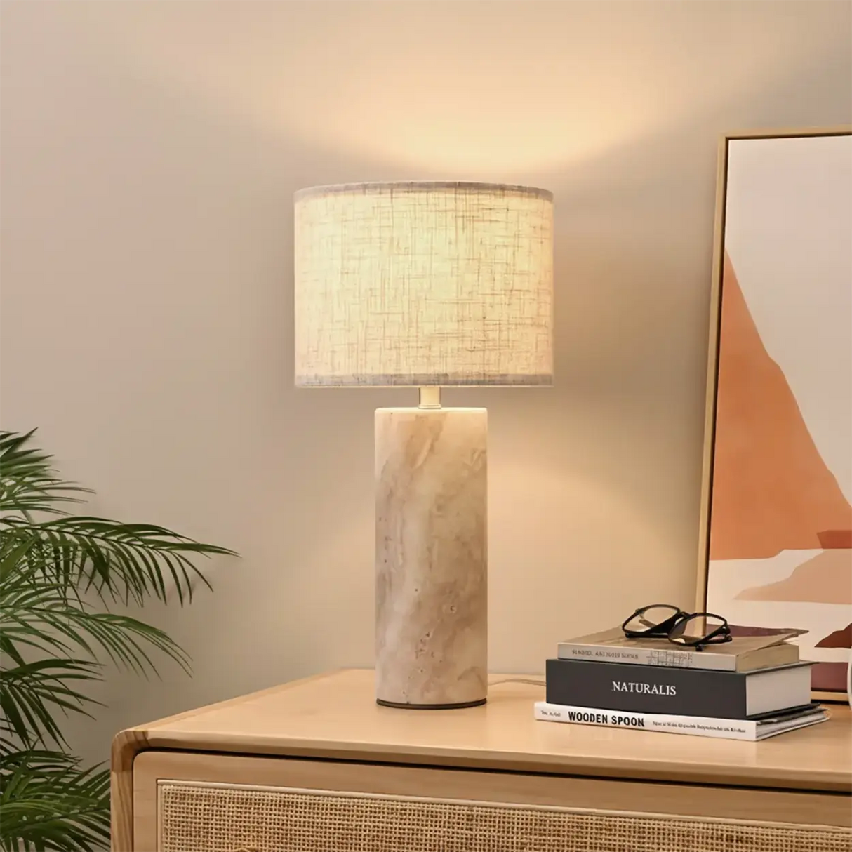 Modern Yellow Travertine Cylindrical Shade Table Lamp Image - 1