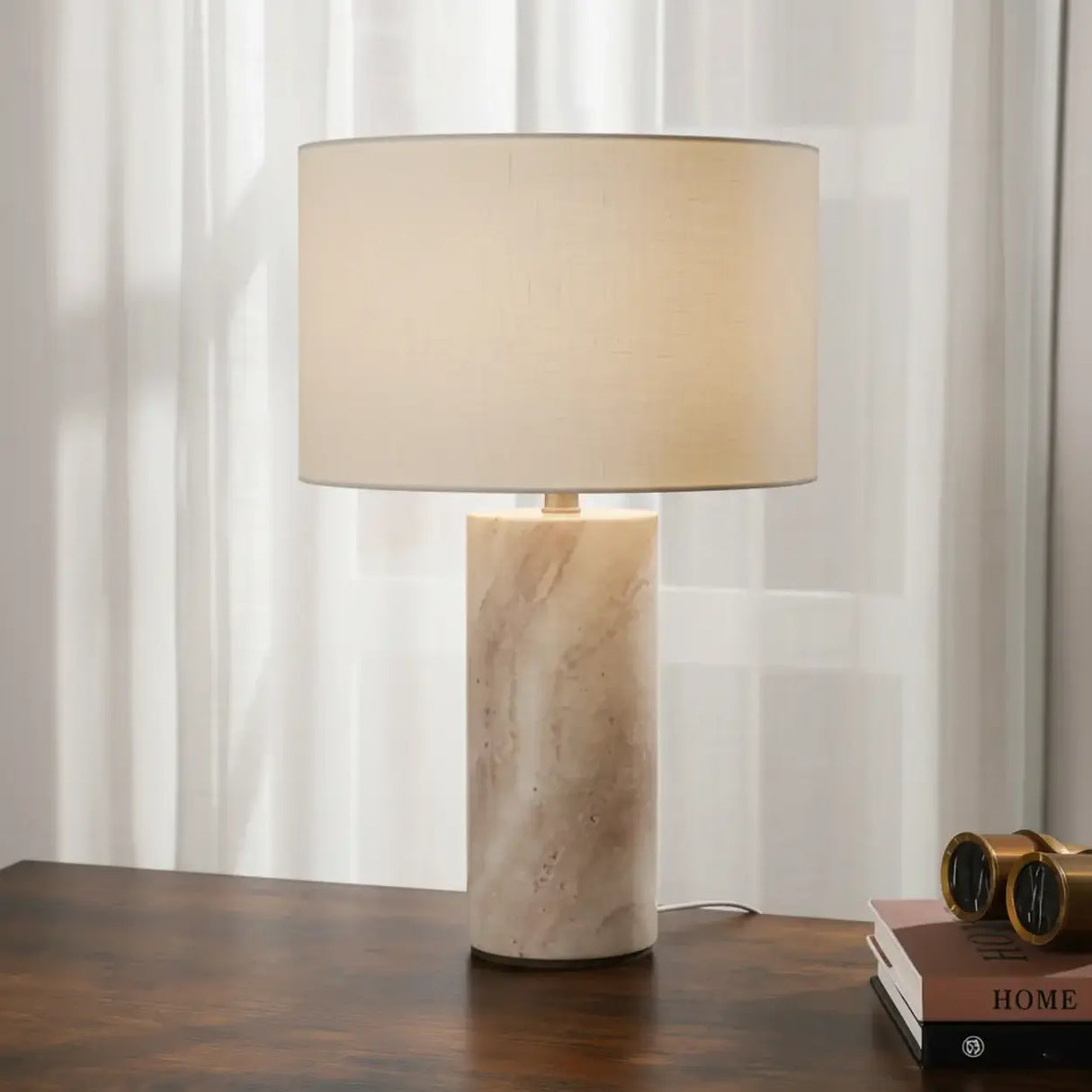 Modern Yellow Travertine Cylindrical Shade Table Lamp Image - 2