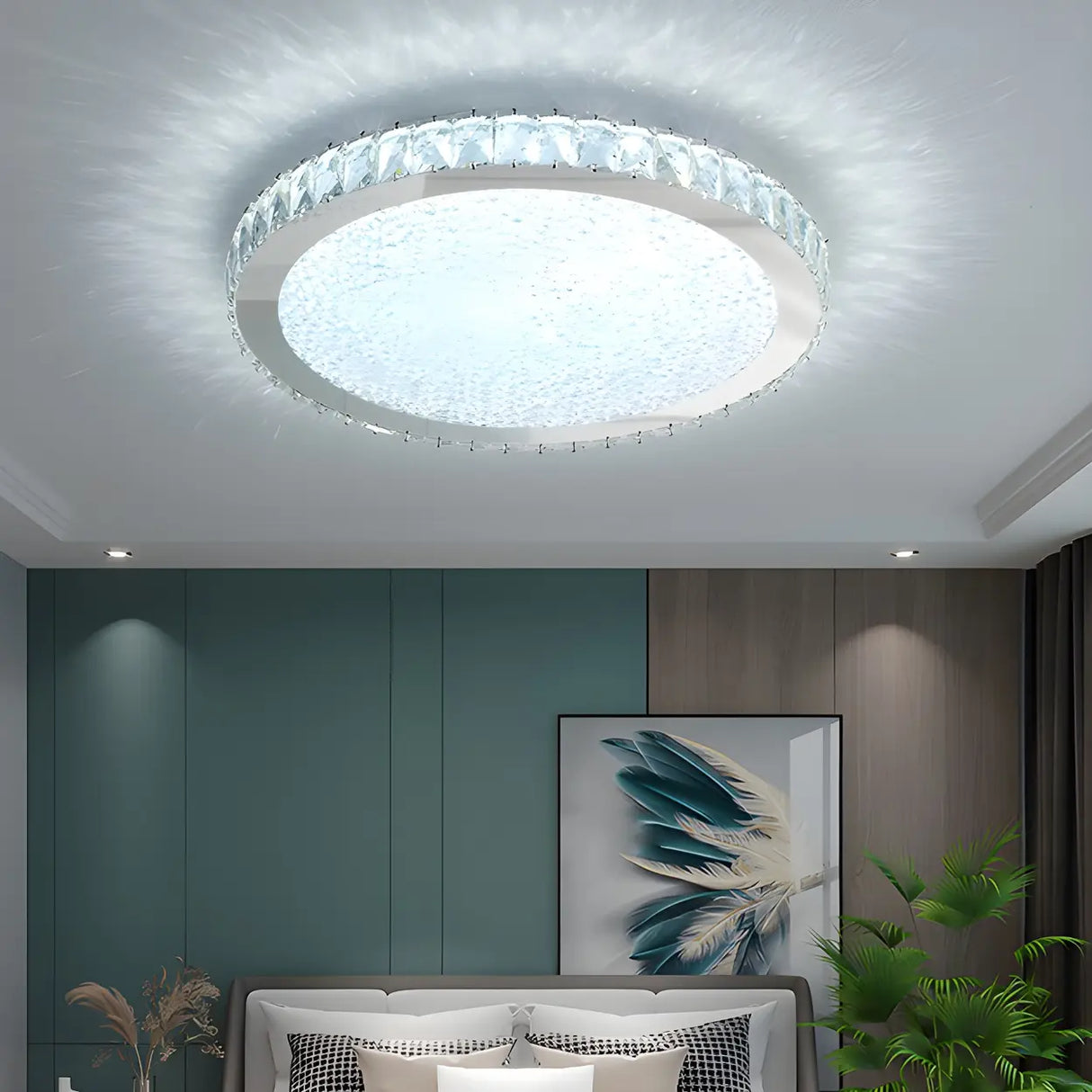 Modish Bedroom Round Crystal Flush Mount Ceiling Light Image - 23