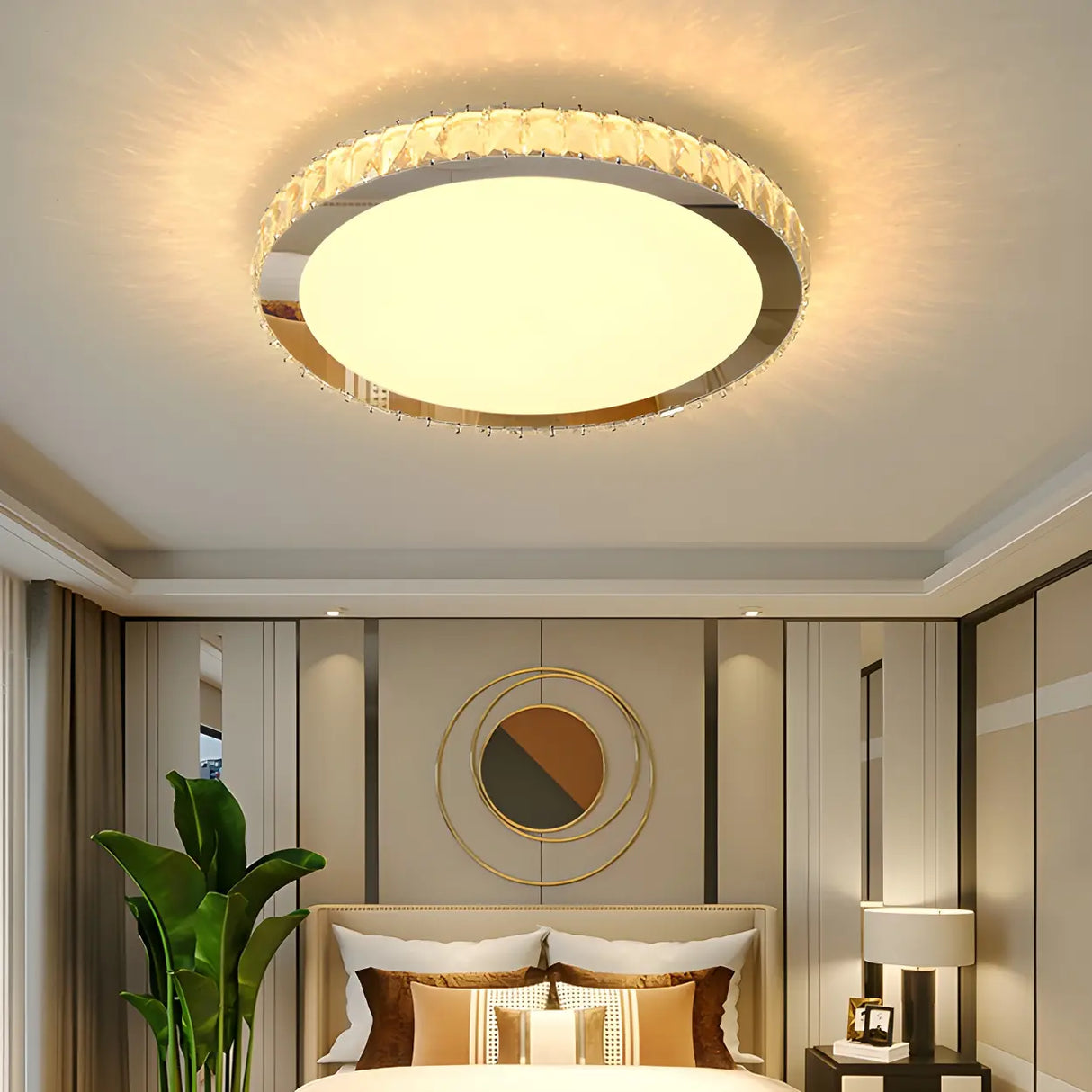 Modish Bedroom Round Crystal Flush Mount Ceiling Light Image - 4
