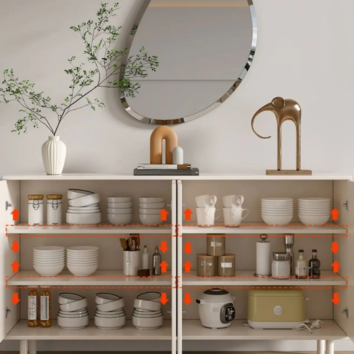 Modish Beige Wood Adjustable Sideboard with Drawers Image - 6