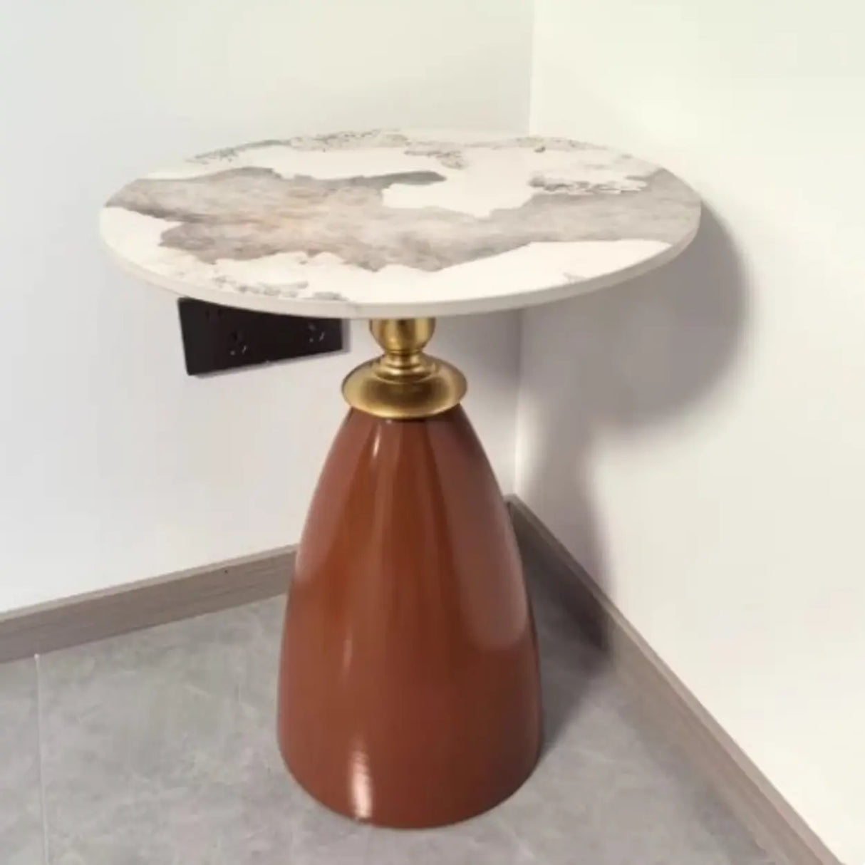 Modish Blue Round Stone Iron Base Tall Coffee Table Image - 3