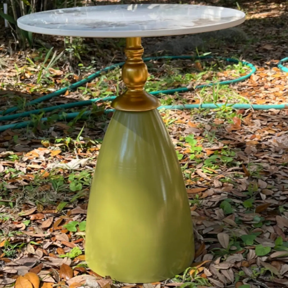 Modish Blue Round Stone Iron Base Tall Coffee Table Image - 4