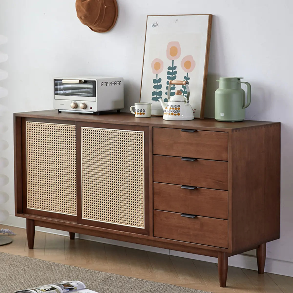 Modish Cherry Wood 4-Drawer Floor Buffet with Storage Image - 1