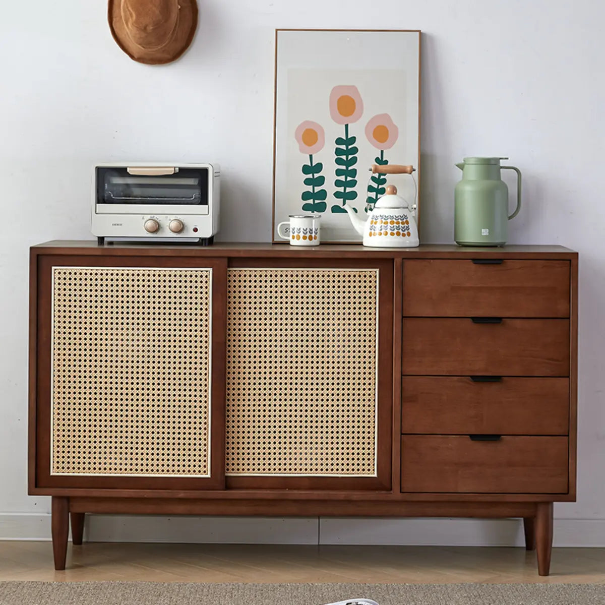 Modish Cherry Wood 4-Drawer Floor Buffet with Storage Image - 4