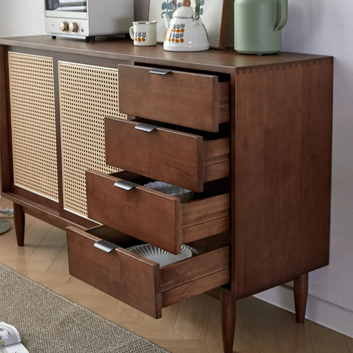 Modish Cherry Wood 4-Drawer Floor Buffet with Storage Image - 9