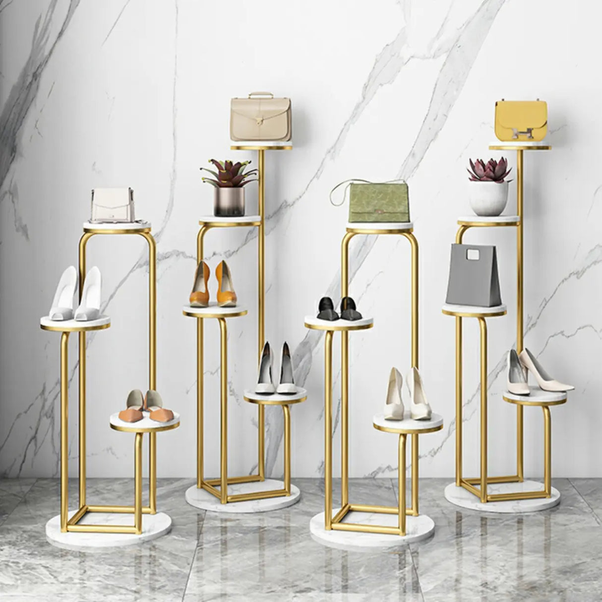 Modish Circular Faux Marble Gold 4 Tiers Plant Stand Image - 1