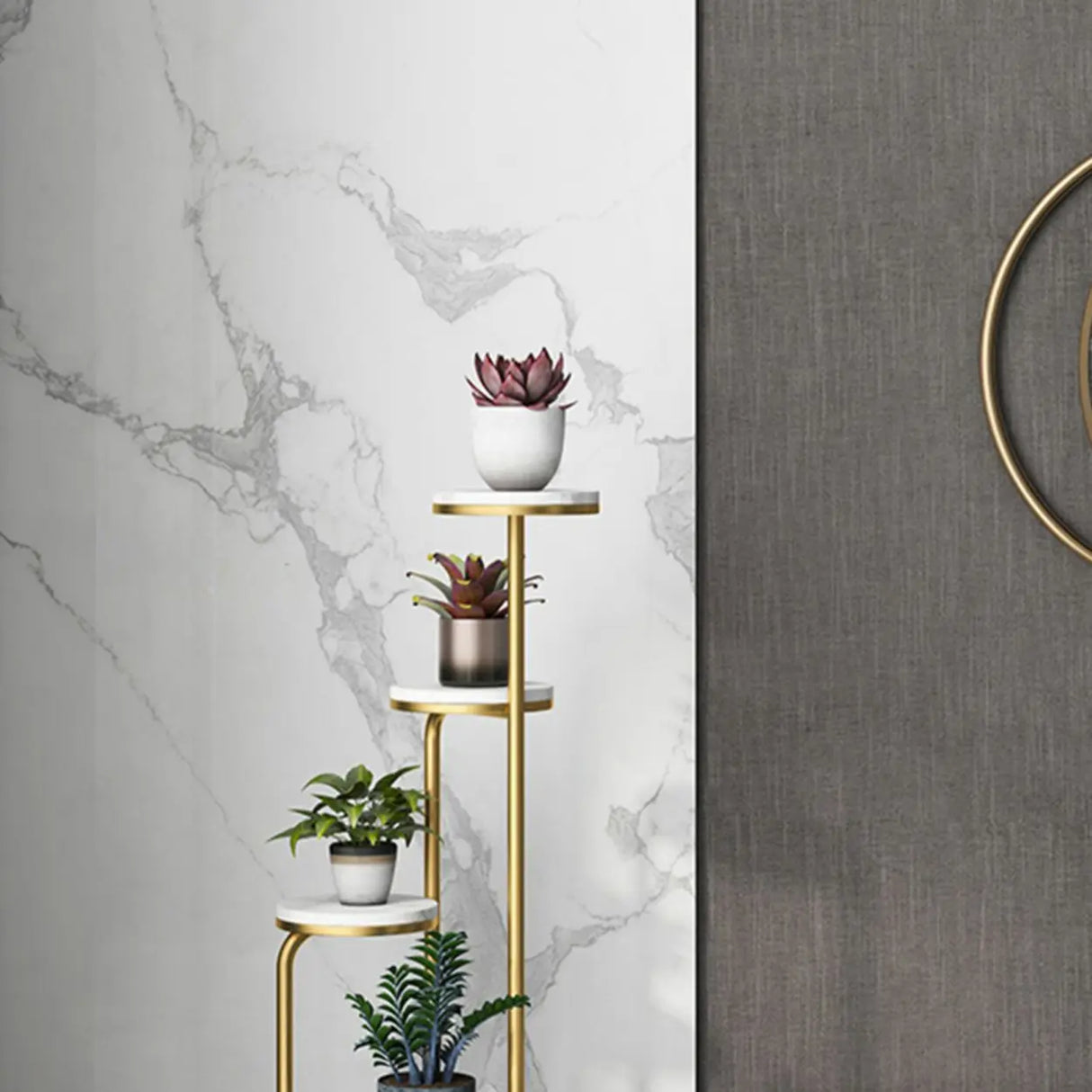 Modish Circular Faux Marble Gold 4 Tiers Plant Stand Image - 11