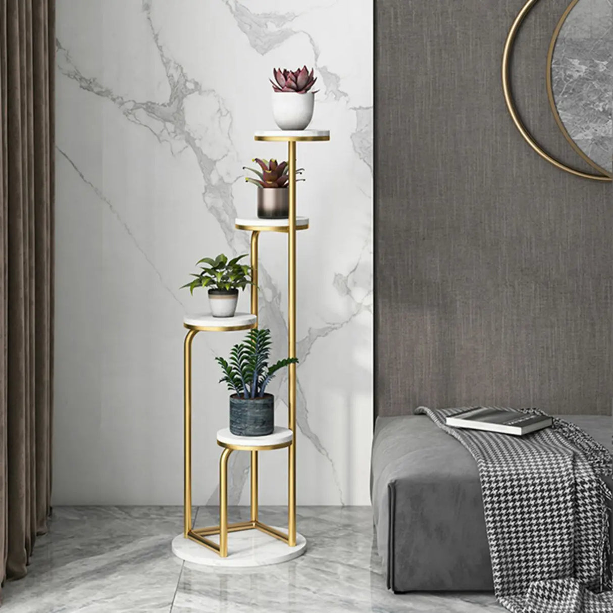 Modish Circular Faux Marble Gold 4 Tiers Plant Stand Image - 14