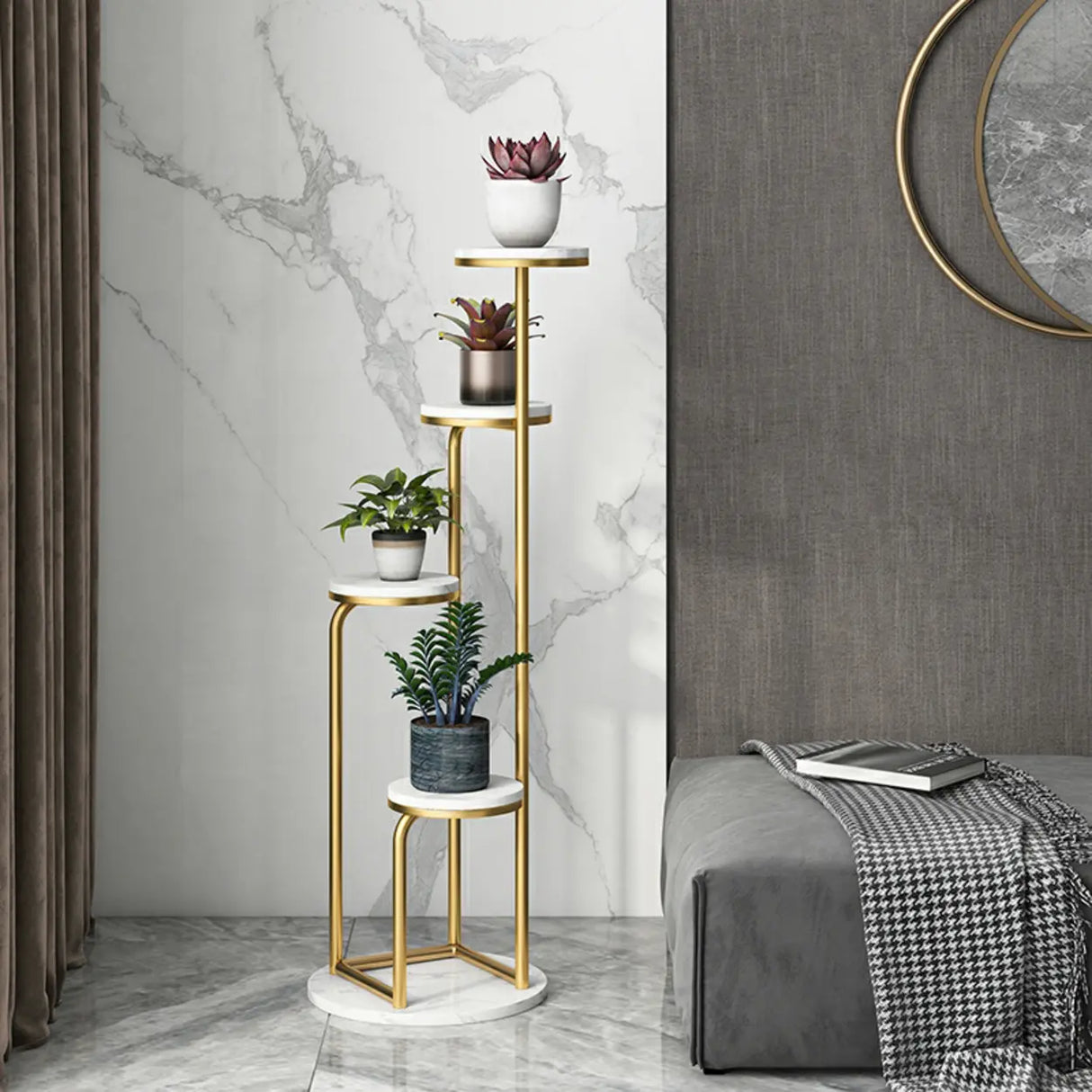 Modish Circular Faux Marble Gold 4 Tiers Plant Stand Image - 2