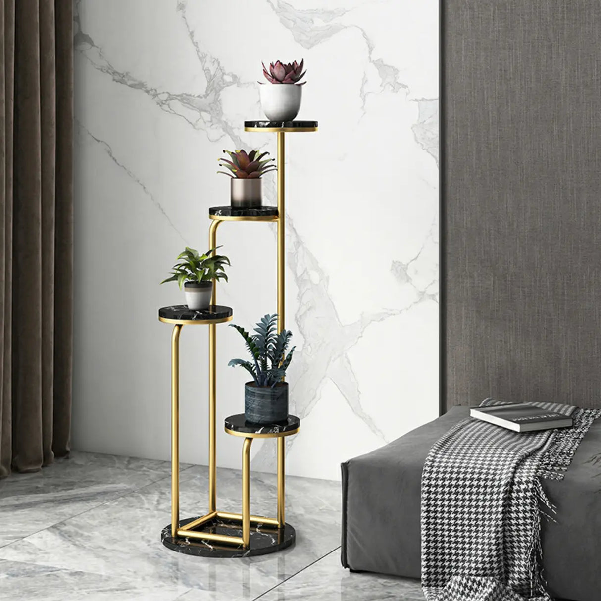 Modish Circular Faux Marble Gold 4 Tiers Plant Stand Image - 3